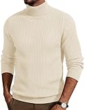 Cotrasen Turtleneck Men Knit Pullover Sweater Casual Long Sleeve High Neck Sweaters Regular Fit Cotton Sweater Tops Fall Winter Light Khaki XXL