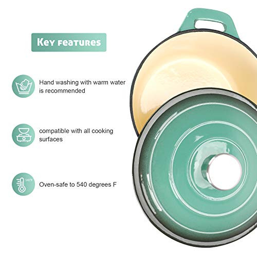 Puricon 5.5 Quart Enameled Cast Iron Dutch Oven, Round Enamel Dutch Ovens Pot -Teal - Thumbnail 6