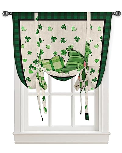 Gnomes Tie Up Curtains for Kitchen Bathroom Bedroom Windows 63 Inch Length, Balloon Drape Curtains Shade Rod Pocket Drapery Curtain St. Patrick's Day Farmhouse Clover Plaid Green 1 Panel, 46