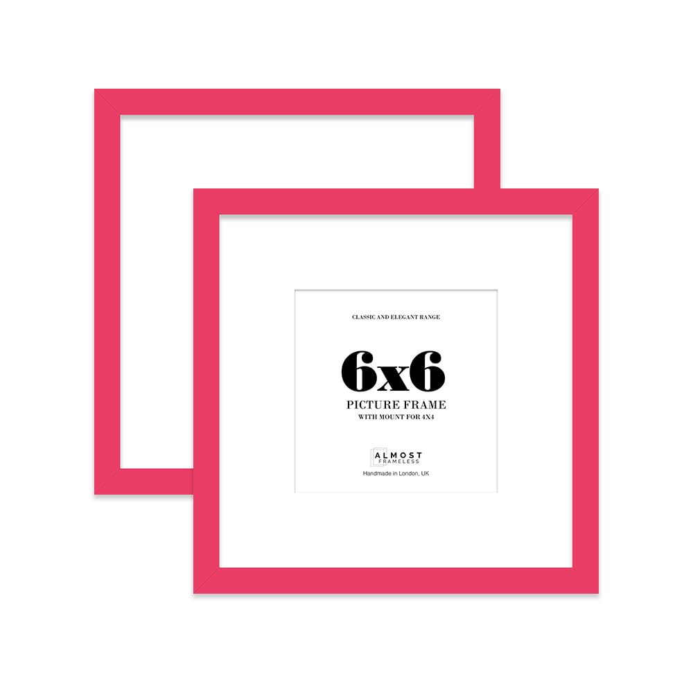 6x6 Bright Pink Picture Frame with Mount for 4x4 Photos, Prints - Modern Square Wall Frame, Set of 2