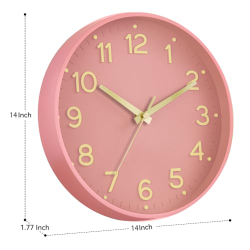 Image of Roymnie Pink Gold 14 Inch Analog Wall Clock Battery Operated | Round Silent Non Ticking Accurate Easy To Read Modern Decorative for Kitchen Bedroom Office Bathroom