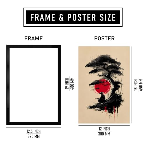 Image of Samurai & Bonsai Premium Framed Wall Poster (12x18 Inch) | Japanese Warrior & Red Sun Wall Art | Zen Asian Decor for Bedroom, Living Room, Office & Workspace | Ready-to-Hang Display Frame