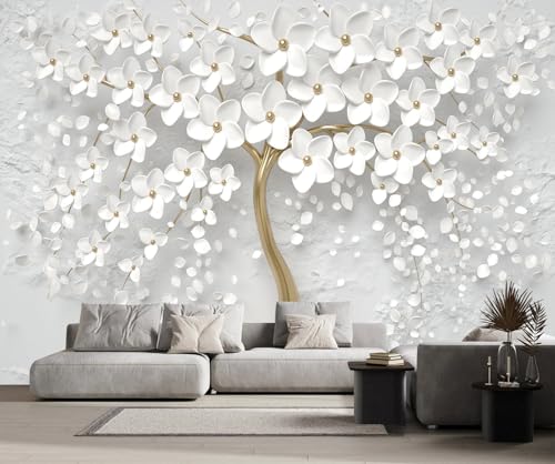 Papier peint panoramique relief fleurs blanches 3D 350x250cm - 4