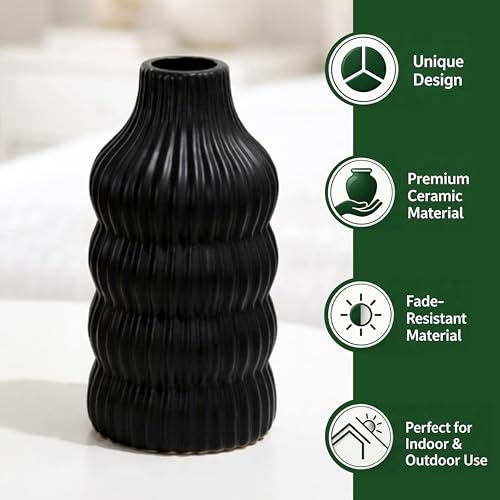 Image of Modern Ribbed Ceramic Vase - Matte Black Decorative Flower Vase for Home Decor, Table Centerpiece & Living Room Styling