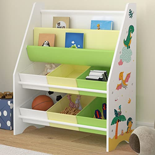 [en.casa] Kinderregal Ponteceso Bücherregal mit 2 Ablagefächern Spielzeugregal 6 Boxen Bücherkiste mit Dinosaurier-Motiv Weiß Grün Gelb Kinderzimmer Organizer