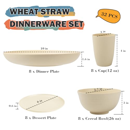 Image of Wheat Straw Dinnerware Sets for 8, 32 PCS Unbreakable Plates and Bowls Sets, Kitchen Dish Set - Dinner Plate /Dessert Plate /Cereal Bowl /Cup, for Outdoor Camping RV Apartment Essentials - Beige