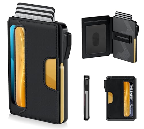 Wallet for Men - Slim Leather Mens Wallet Pop up Card Holder with Money Clip,Credit Card Slots,ID Window - RFID Blocking Minimalist Wallet with Gift Box (BLACK)