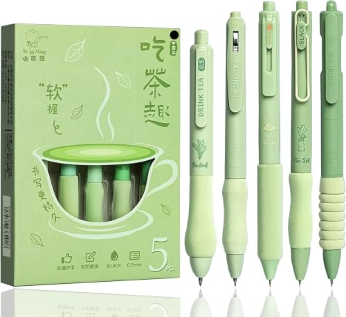 Image of PAXCOO Green Tea Gel Pens 5PCS, Cute Aesthetic 0.5mm Fine Point Black Ink Retractable Pens, Quick Dry Smooth Writing Gel Ink Pens with Comfortable Soft Grip for School Office Journaling & Note Taking