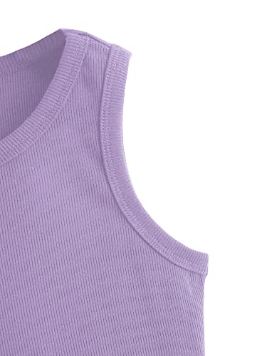 Image of Milumia Girls Shirt 2 Pack Ribbed Knit Round Neck Casual Baisc Crop Tank Top (Multi White Purple, 7 Years, Sleeveless)