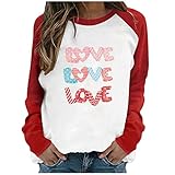 Damen Valentinstag Oberteile Buchstaben LOVE Druck Pullover Farbblock Patchwork Rundhals Langarmshirts Teenager Mädchen Basic Shirt Tops