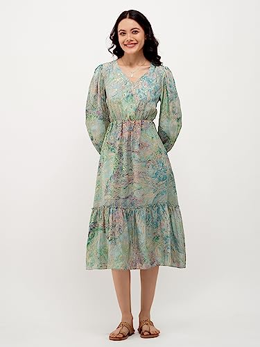 Image of AASK Abstract Printed Puff Sleeve Gathered Detailed Fit Flare Dress