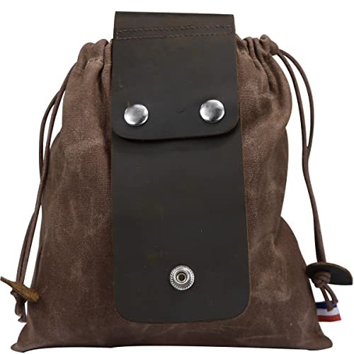 Canvas Feeding Bag for Hiking, Foldable Leather Belt Bag Waist Bag with Drawstring and Buckle, coffee - Image 4
