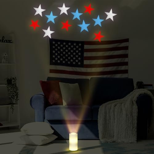 Image of 4th of July Flameless Candles Patriotic Projector Lights Red White Blue LED Candle Star Battery Operated Night Light with Remote Timer 250th Anniversary Independence Day Party Indoor Bedroom Decor