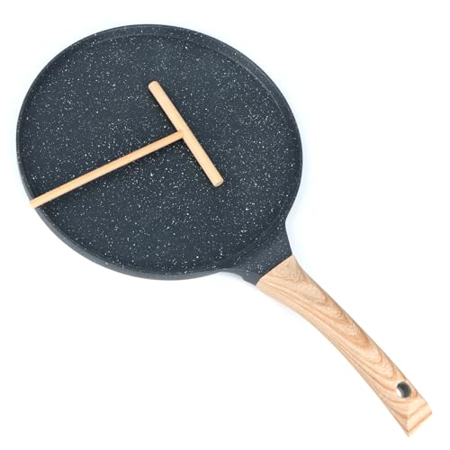 talifoca Crepera Inducción 26 cm – Sartén Antiadherente para Crepes con Revestimiento de Granito – Mango Madera – Palatschinken Pfanne con Repartidor de Masa – Apta para Todo Tipo de Cocina, Sin PFOA
