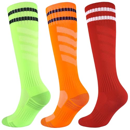 3 Pairs Boys Soccer Socks Kids Football Socks Girls Knee High Socks Baseball Softball Athletic Sports Tube Stockings Kids (Neon Green+Orange+Red, M)