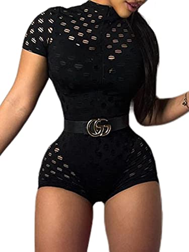 Hilinker Women's Short Sleeve Hollow Out Bodycon Romper Zipper Shorts Jumpsuits Black Small #TOP28