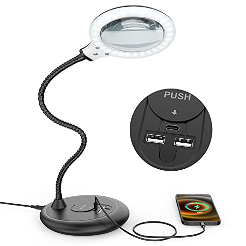 XYK 5X Dimmable Led Magnifying Lamp with USB C and USB Charging Port , Large Hands Free Magnifying Glass with Light and Stand for Reading, Hobbies, Crafts, Workbench
