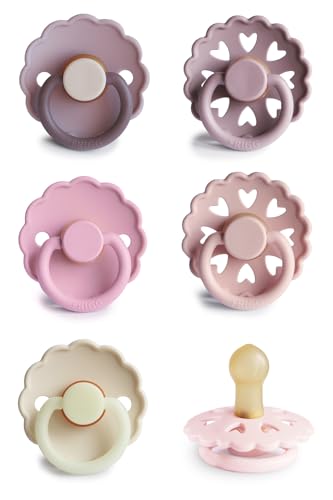 Imagen de FRIGG Paquete Múltiple Chupetes de Làtex Paquete con 6 Chupetes Tetina de Goma Natural Fabricado en Dinamarca Tetina Simétrico en Forma de Cereza (Blooming Love