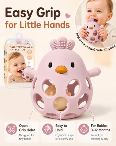 Image of Tinabless Baby Teether Rattle Toys, 2-in-1 Easy Grip Silicone Teething for Babies 3-12 Months, BPA-Free Sensory Chew Toy for Sore Gums, Infant Gift (Pink w /Rattle)