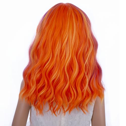 Image of PATTNIUM Orange Purple Mixed Pink Wig with Bangs Child Short Rainbow Wavy Curly Wig Girls Multi Color Bob Wigs Synthetic Halloween Party Cosplay Wigs