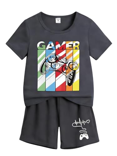 Cakaner Teen Boy Game Printed Round Neck Short Sleeve T-Shirt and Shorts Set Summer Clothing Sets Size 13 14