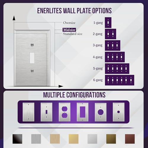 Image of ENERLITES Toggle Light Switch Metal Midway Size Wall Plate, Corrosion Resistant, Mid-Size 1-Gang 4.88 inch x 3.11 inch, UL Listed, 7711M, 430 Stainless Steel, Silver | Mid-size 4.88 inch x 3.11 inch; Rust-proof; UL Listed; Fits toggle switches; 7711M