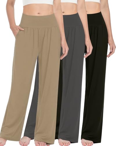 Kivdol Lot de 3 Pantalons décontractés Amples pour Femme, à Jambes Larges et Taille Haute, Pantalons de détente et de Yoga Confortables avec Poches, Taille L