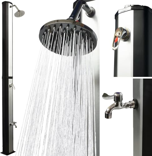 VIESTA® Solardusche 35 Liter mit Fußdusche – schwenkbarer Regenduschkopf – Solar Gartendusche/Außendusche/Pooldusche ohne Stromanschluss – Gartenschlauch-Anschluss, bis 60°C – Schwarz/Silber