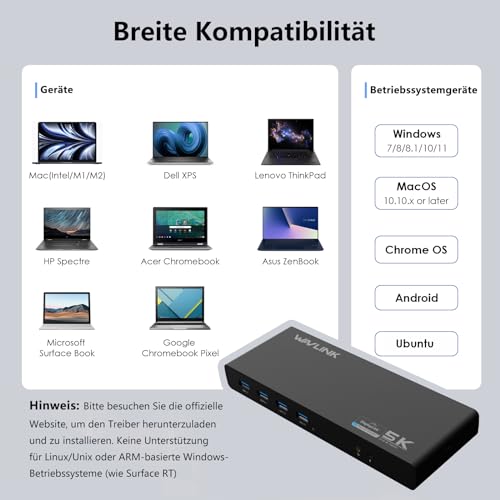 USB C Laptop Docking Station, WAVLINK USB A/USB C DockingStation für Windows und MAC OS, Einzel 5K/Dual 4K @60Hz mit 65W Ladestation, 2 HDMI & 2 DP, Gigabit Ethernet, 6 USB 3.0 Ports, Audio/Mic – Bild 8