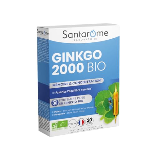 Santarome Bio - Ginkgo Biloba Bio 2000 - Complément Alimentaire Mémoire et Concentration - Fortement dosé - A base de plantes Bio - Ginkgo 2000mg Plante...