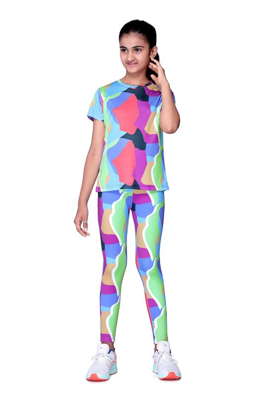 Image of Girl's Activewear Workout Set 2 Piece Athletic Sets Dry Fit Printed Tees And Leggings Yoga Running Dance 4-14Y