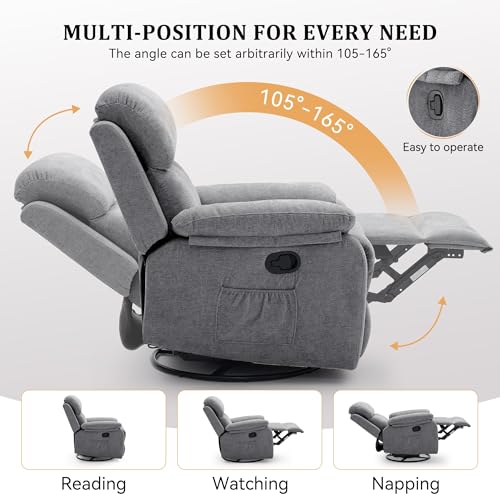 Image of Korser Recliner Chair, 360 Swivel Rocker Chair for Adults, Small Rocking Recliner Chair for Small Spaces, Upholstered Chenille Fabric Glider Recliner Nursery Chair with Side Pockets for Living Room