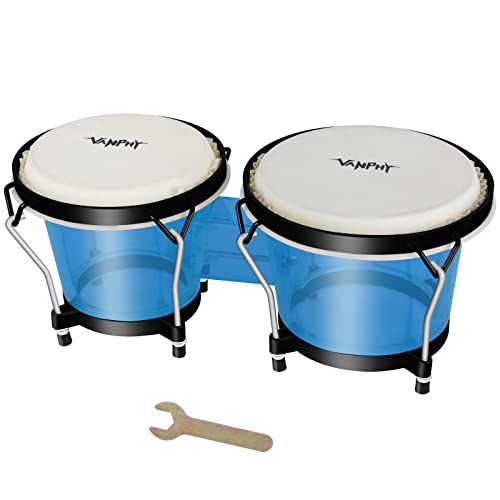 VANPHY Bongo Drum Set for Beginners, Natural Adult Bongos with Tuning Wrench, Transparent Bongo Drums 6\" and 7\" Tunable, Percussion bongo drum Natural Animal Hides Metal (Blue)