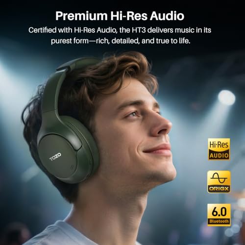 Image of TOZO HT3 Hybrid Noise Cancelling Headphones, 90H Battery Life Wireless Over Ear Bluetooth 6.0 Foldable Headset, AI Voice Assistant with 5 Mics, Connect 2 Devices and Hi-Res Sound, 32 EQ Audio Presets