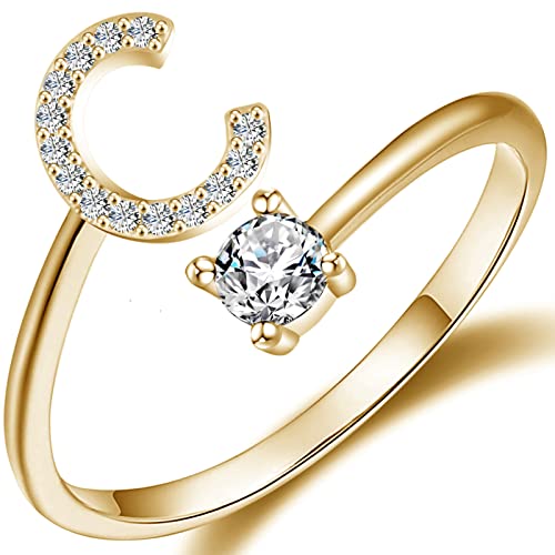 Haoze Initial Letter Ring for Women Girls Gold Stackable Alphabet Rings with Initial Adjustable Crystal Inlaid Initial Rings Bridesmaid Gift(C Gold)