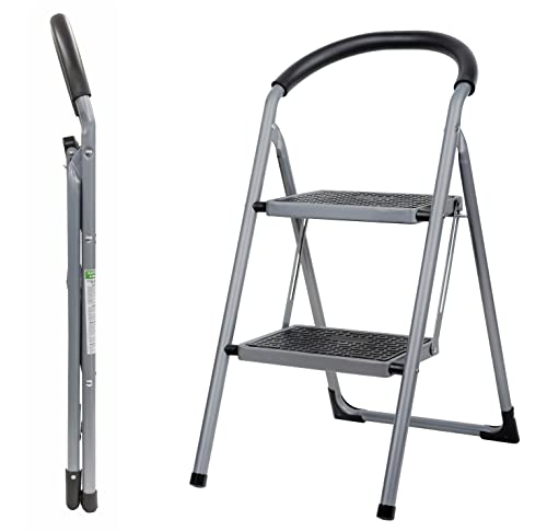 Brookstone BKH1321 [2-Step] Folding Ladder with [Soft Grip], Easy to Carry Around The House, Extra Wide, Holds up to 330 Pounds, [Non-Slip] Textured Platform, Silver Black