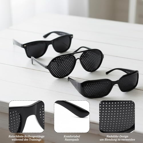 Rasterbrille, Lochbrille für Augentraining Original, 6 Stück Brillenset mit breiten, schmalen und dünnen Rahmen, Pinhole Glasses zur Entspannung der Augen, verschiedene Größen für individuellen Komfor