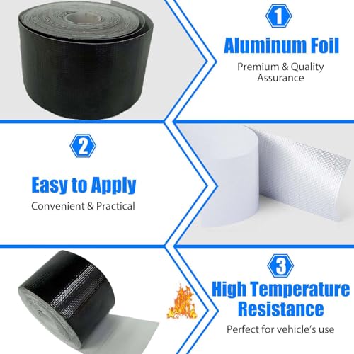 Image of Xinhan (Gold,Silver,Black) Aluminum Foil Heat Shielding Tape High Temperature Heat Reflective Adhesive Backed Tape Compatible with Car Intake Pipe Engine Bay Hoses Wires Etc (Black, 2in x 15ft)