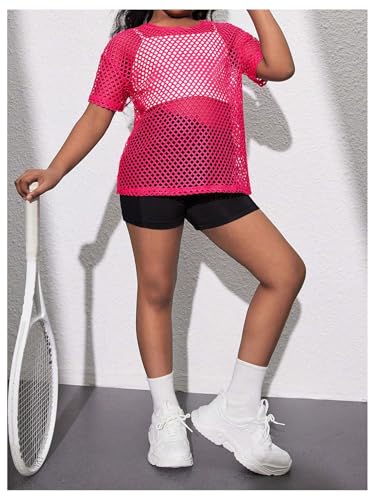 OYOANGLE Girl's Short Sleeve Fishnet T Shirt Drop Shoulder Hollow Out Mesh Workout Tees4