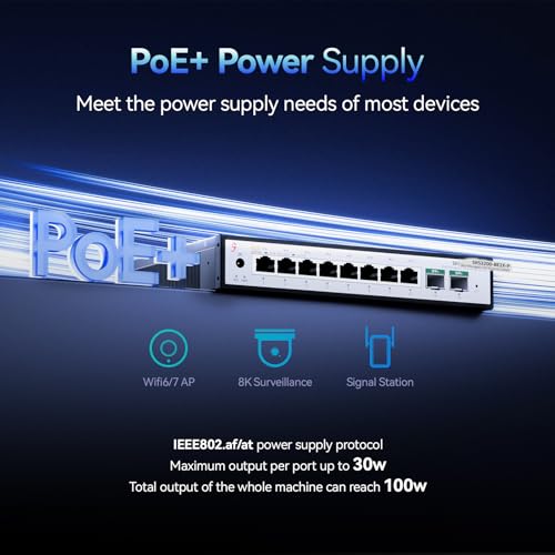 Image of 10-Port 2.5Gb Managed PoE Switch, 8X 2.5G PoE+ Ports (30W /Port, 100W Total), 2 x 10G SFP+, Fanless,Desktop /Wall Mount, for IP Cameras, NAS, WiFi 6 /7 APs