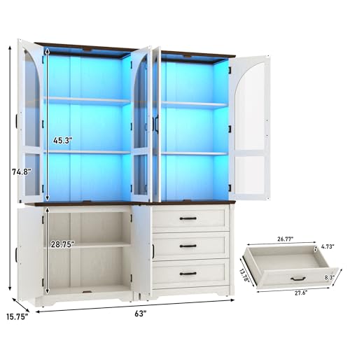 Image of 75 inch Tall Farmhouse Kitchen Pantry Cabinet with LED Lights,4 Doors Wood Storage Cabinet w Arched Glass Doors /Drawers,Pantry Organizers and Storage,Rustic Wood Cupboard for Kitchen,Dining Room(White)