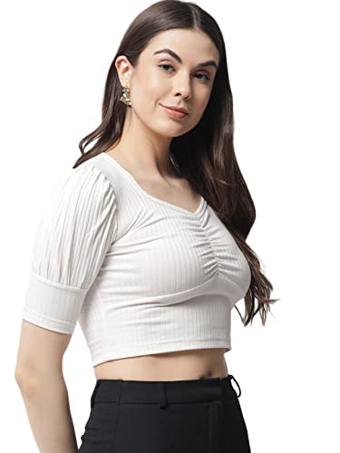 Image of POPWINGS Solid Ribbed Slim Fit Crop Tops for Women | Polycotton Stylish Western 3 /4 Puff Sleeves Casual and Summer Crop Tops for Women