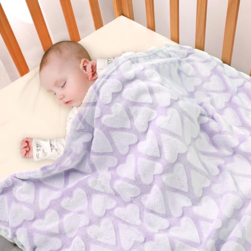 Image of Bertte Plush Baby Blanket for Boys Girls | Swaddle Receiving Blankets Super Soft Warm Lightweight Breathable for Infant Toddler Crib Stroller - 33"x43" Large, Lavender Hearts Embossed