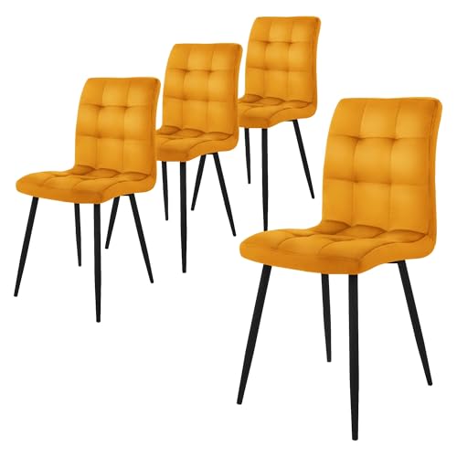ML-Design Set de 4 Chaise de Salle à Manger, Jaune Moutarde, Revêtement en Velours, Pieds en Métal Noir, avec Dossier Ergonomique, Design Moderne, pour Le...