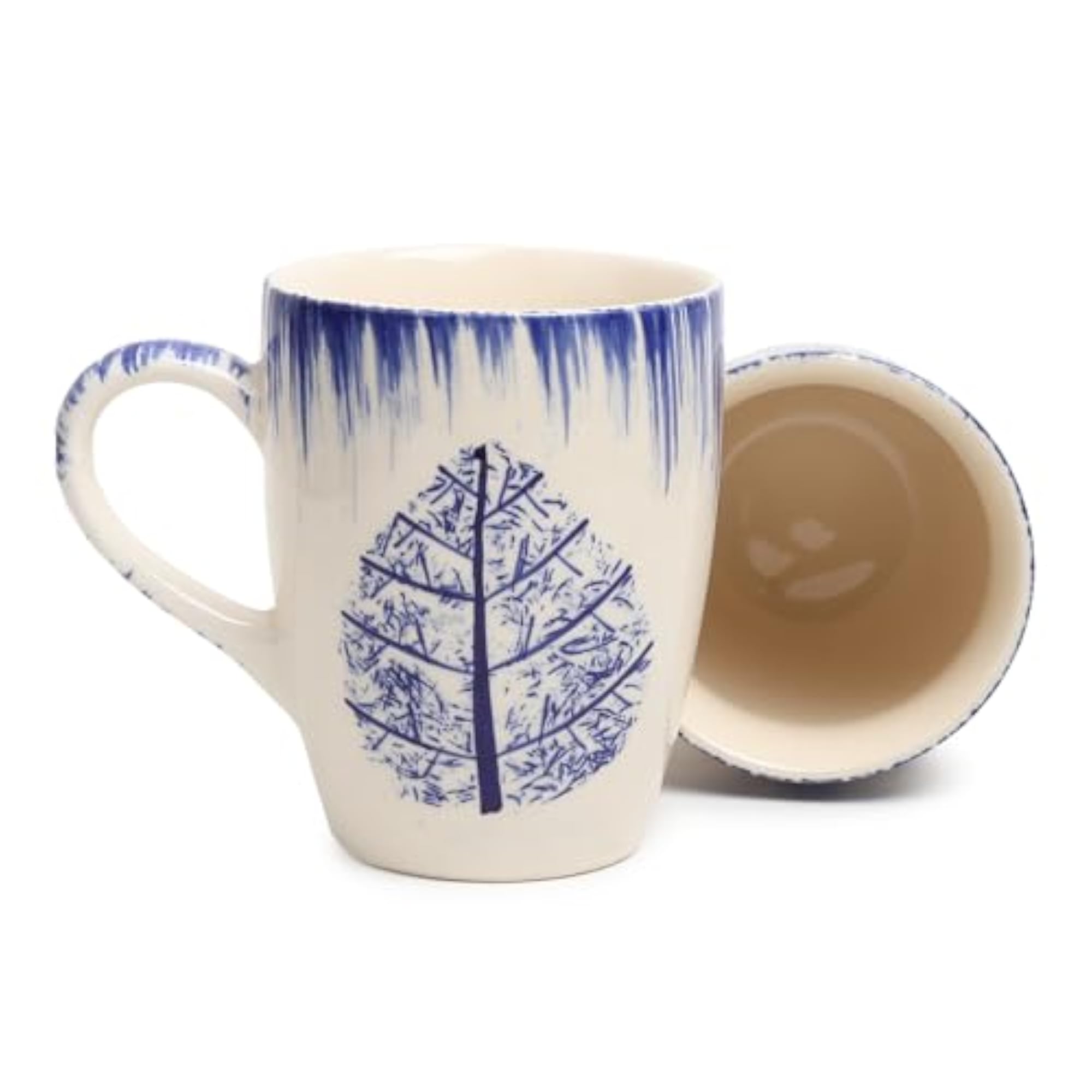 Leaf Pattern Hand Painted Ceramic Coffee Mugs Set of 2
