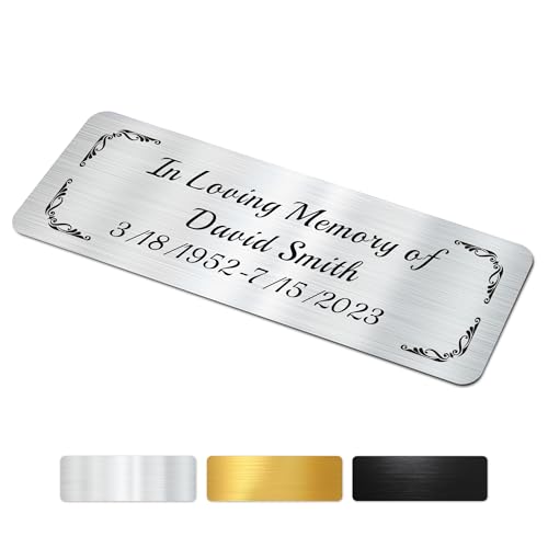 Image of Engraved Name Plates, 1 inch x 3 inch Personalized Name Plate, Trophy Plates Engraved, Brass Plaque, Custom Name Plate for Urn, Brass Name Plates with Adhesive Backing(Round Corner-Silver, 3x1 in)