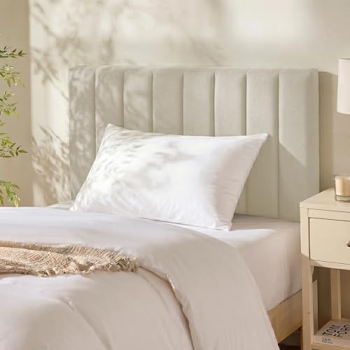 Image of Hearth & Harbor Wall Mounted Twin Headboard Only, Bed Headboard Twin Size | Easy Assemble, Floating Peel and Stick, Upholstered, Channel Stitched, 3D Wall Panels, 5 Strips of 3M Tape Included, Linen