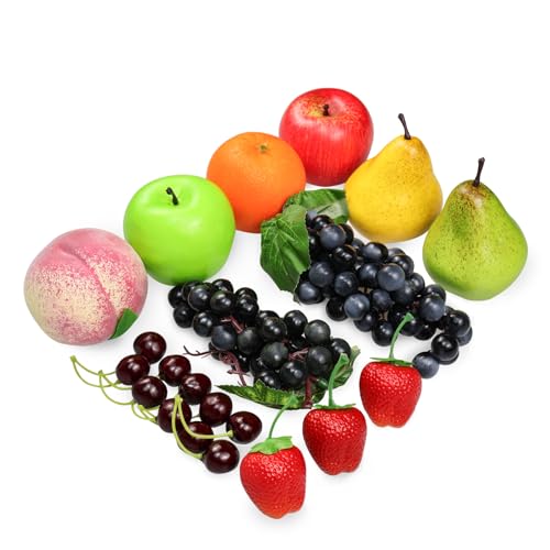 16 Pcs Fake Fruits Pack, Artificial Fruits for Decoration Kitchen Home, Display Fruits for Dining Table Decor, Realistic Fake Apple Peach Oranges Grapes Pear