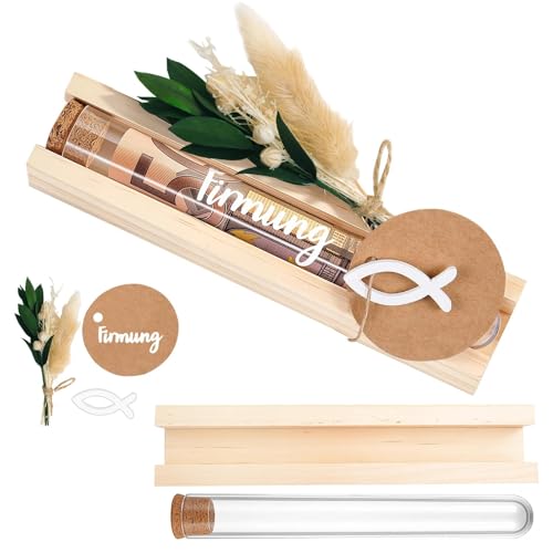 Kuvarix Firmung Geldgeschenk Holzsockel Geldgeschenk Verpackung mit Reagenzglas & Trockenblumen Firmung Geschenk für Jungen & Mädchen Christliches Geschenk Holz 3 4 × 16 cm