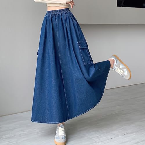 chouyatou Women's Cute Elastic High Waist Swing Jean Skirt A Line Long Midi Flare Denim Skirt with Pockets4